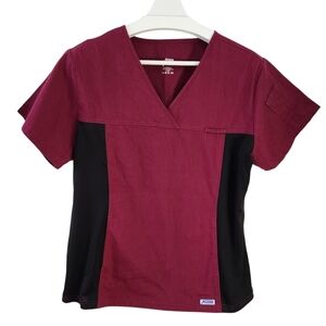 MOBB Burgundy & Black Two-Tone Scrub Top v-neck stretch uniform size l